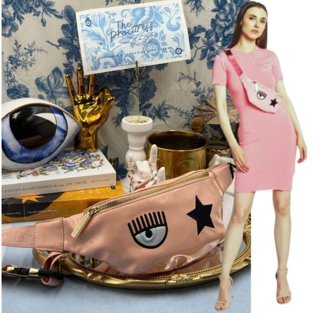 🆕 CHIARA FERRAGNI 🧿 NWT Eyelike Embroidered Bumbag, Peach Faux Leather